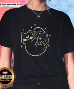 Alt Text: Cute magical black cat with a D20 dice, featured on a stylish ladies' tee, perfect for fantasy and cat lovers.