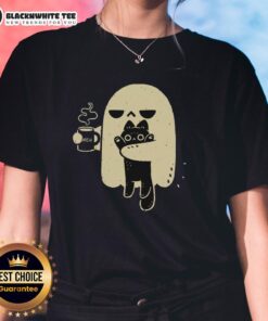 Cute ghost holding a cat on a ladies tee, perfect for Halloween and cat lovers.