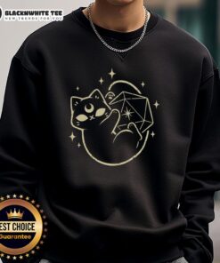 Alt Text: Cute magical black cat sweatshirt featuring a D20 dice design, perfect for cat lovers and tabletop gamers.