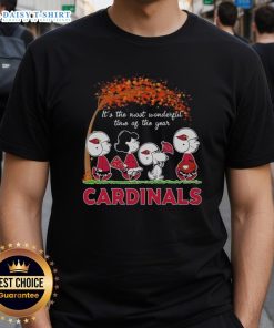 Alt Text: Snoopy and Friends St. Louis Cardinals autumn T-shirt, celebrating 'It's The Most Wonderful Time Of The Year.'