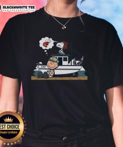 Alt Text: Cute shrimp and peanuts graphic on Snoopy ladies tee, perfect for casual wear and seafood lovers.