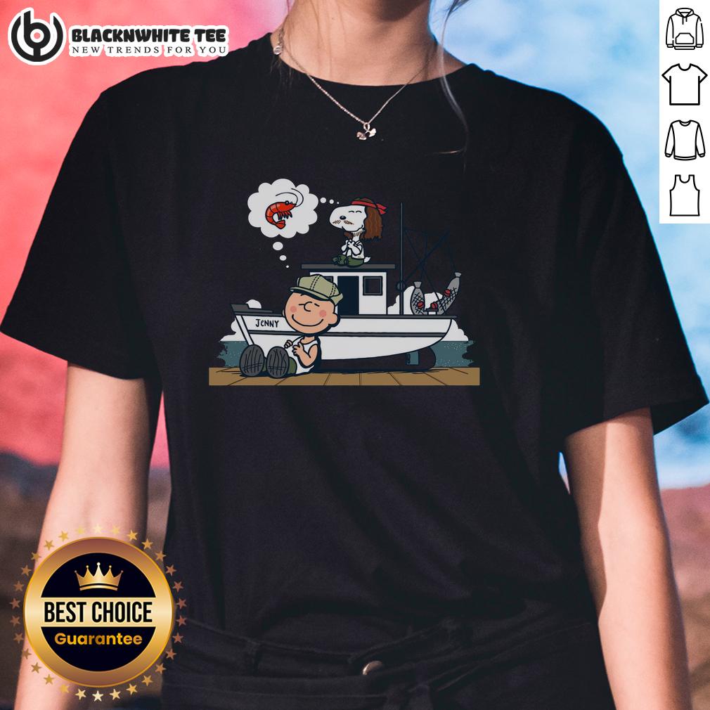 Cute Shrimp Nuts Peanuts Snoopy Ladies Tee Alt Text: Cute shrimp and peanuts graphic on Snoopy ladies tee, perfect for casual wear and seafood lovers.