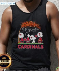 Alt Text: Snoopy and friends celebrate autumn in a St. Louis Cardinals tank top, perfect for fall festivities.