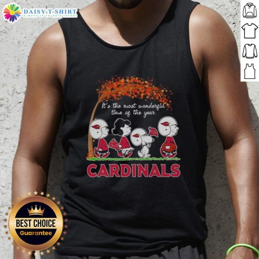 Alt Text: Snoopy and friends celebrate autumn in a St. Louis Cardinals tank top, perfect for fall festivities.