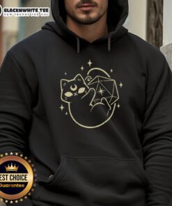 Cute magical black cat design on a D20 hoodie, perfect for cat lovers and tabletop gaming enthusiasts.