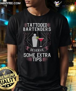 Alt Text: Awesome tattooed bartenders deserve extra tips cocktail t-shirt design featuring bold graphics and vibrant colors.