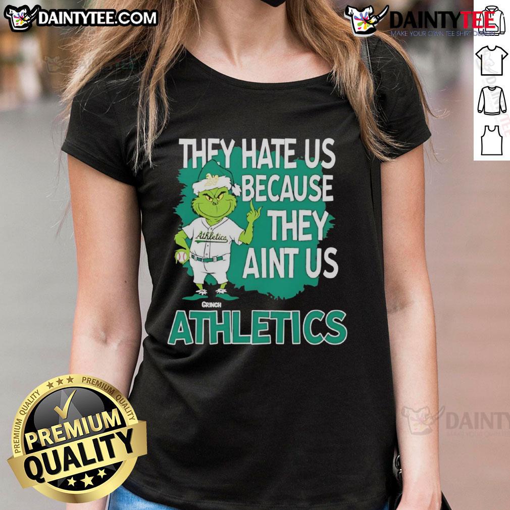 Awesome Athletics Grinch Christmas They Hate Us Ain'T Us Ladies Tee Alt Text: Awesome Athletics Grinch Christmas tee for ladies featuring 'They Hate Us Ain't Us' design in festive colors.