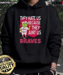 Awesome Atlanta Braves Grinch Christmas hoodie featuring 'They Hate Us Ain't Us' design in festive colors.