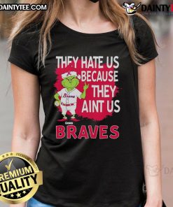 Awesome Atlanta Braves Grinch Christmas ladies tee featuring a fun design with 'They Hate Us Ain't Us' slogan.
