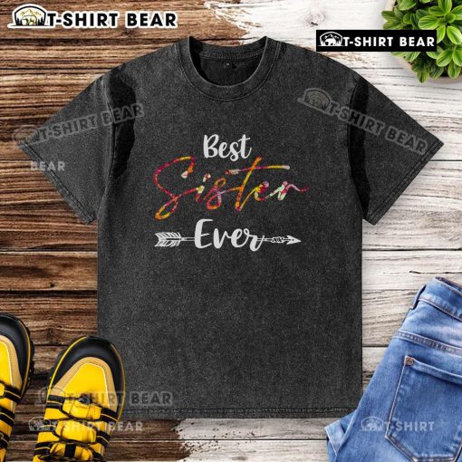 Awesome Best Sister Ever Floral Arrow Graphic on a Washed T-Shirt, perfect gift for sisters who love stylish apparel.