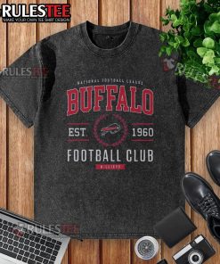 Awesome Buffalo Bills Football Club washed t-shirt displayed on a hanger, showcasing team colors and logo.