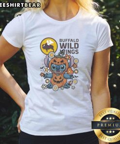 Awesome Buffalo Wild Wings Stitch Pumpkin Costume Halloween Ladies Tee in vibrant colors, perfect for festive celebrations.