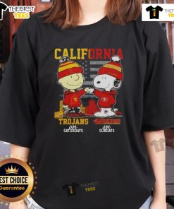 Awesome California Sports tee featuring Charlie Brown, USC Trojans, and San Francisco 49ers for ladies.