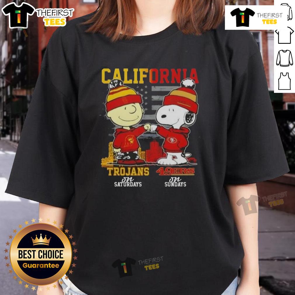 Awesome California Sports Charlie Brown USC Trojans Saturdays x Snoopy San Francisco 49ers Sundays Ladies-Tee Awesome California Sports tee featuring Charlie Brown, USC Trojans, and San Francisco 49ers for ladies.