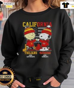 Awesome California Sports sweatshirt featuring Charlie Brown, USC Trojans, and San Francisco 49ers for game days.
