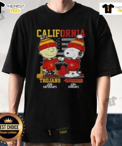 Awesome California sports T-shirt featuring Charlie Brown, USC Trojans for Saturdays, and Snoopy with San Francisco 49ers for Sundays.