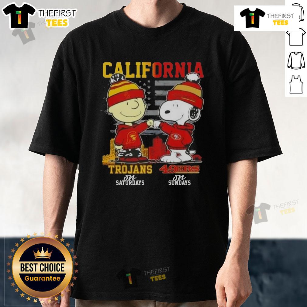 Awesome California Sports Charlie Brown USC Trojans Saturdays x Snoopy San Francisco 49ers Sundays T-Shirt Awesome California sports T-shirt featuring Charlie Brown, USC Trojans for Saturdays, and Snoopy with San Francisco 49ers for Sundays.