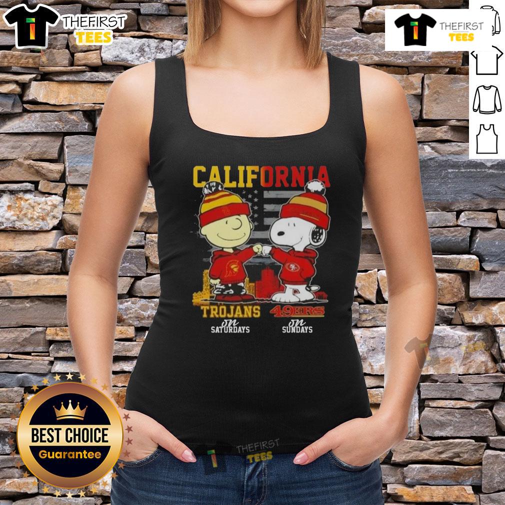 Awesome California Sports Charlie Brown USC Trojans Saturdays x Snoopy San Francisco 49ers Sundays Tank Top Charlie Brown tank top featuring USC Trojans for Saturdays and San Francisco 49ers for Sundays, perfect for sports fans.
