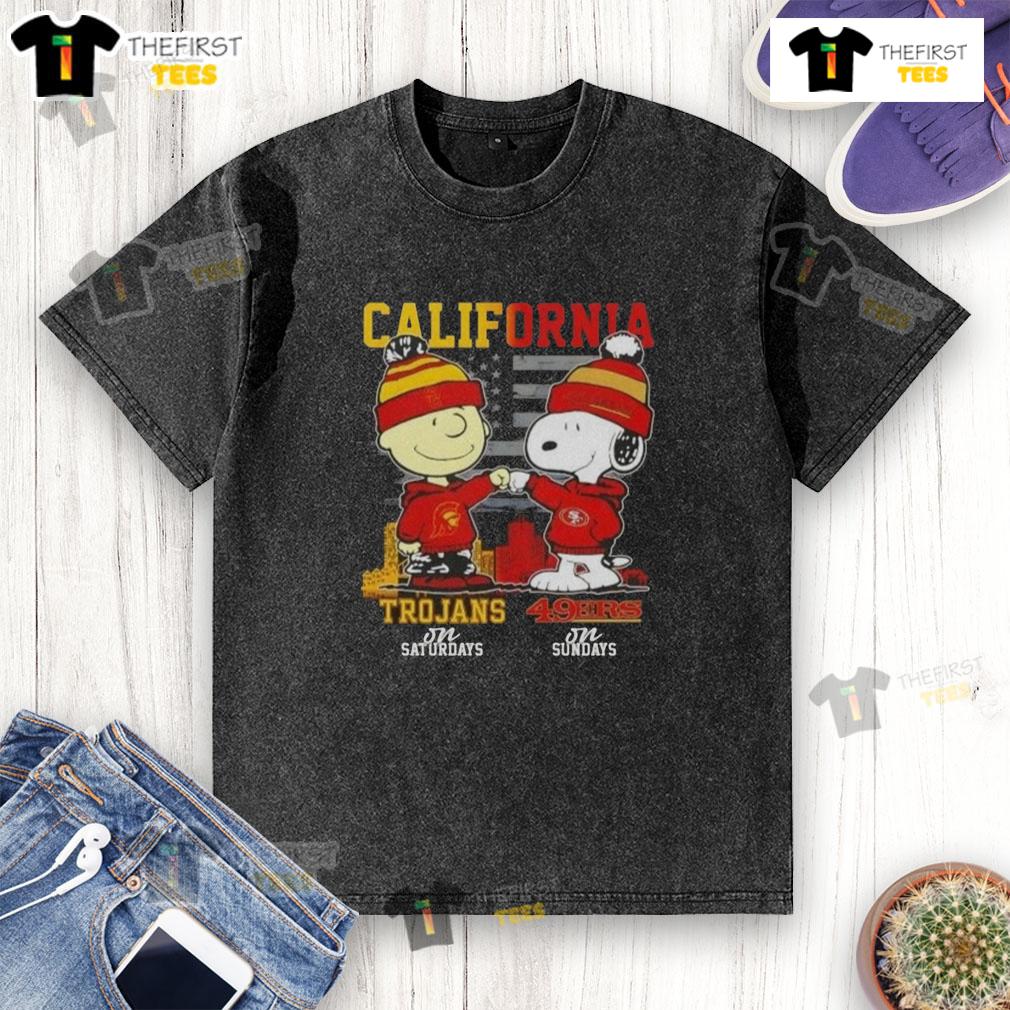 Awesome California Sports Charlie Brown USC Trojans Saturdays x Snoopy San Francisco 49ers Sundays Washed T-Shirt Awesome California Sports Charlie Brown USC Trojans & 49ers Sundays washed t-shirt featuring Snoopy design.