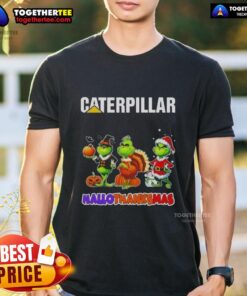 Alt Text: Awesome Cater Pillar X Grinch cosplay t-shirt for Hallothanksmas celebration, featuring colorful designs and festive themes.