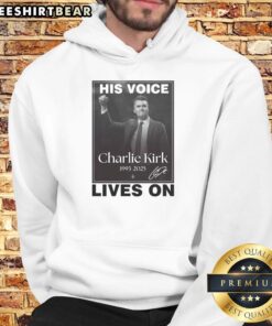 Awesome Charlie Kirk 'His Voice Lives On' memorial hoodie featuring a bold design and inspiring message for supporters.