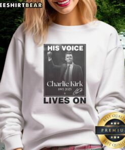 Awesome Charlie Kirk His Voice Lives On memorial sweatshirt featuring a bold design and tribute to Charlie Kirk.