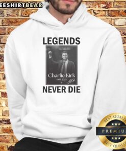 Awesome Charlie Kirk Legends Never Die Signature Hoodie featuring bold graphics and a comfortable fit for fans.