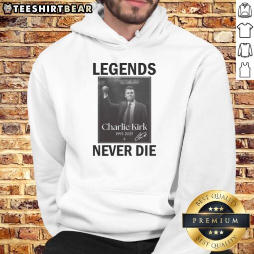 Awesome Charlie Kirk Legends Never Die Signature Hoodie featuring bold graphics and a comfortable fit for fans.