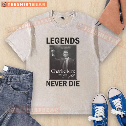 Awesome Charlie Kirk Legends Never Die Signature Washed T-Shirt in soft fabric, featuring bold graphic design.