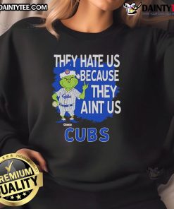 Awesome Chicago Cubs Grinch Christmas sweatshirt featuring 'They Hate Us Ain't Us' design, perfect for holiday fans.