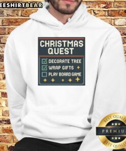 Awesome Christmas Quest hoodie featuring a festive tree, gifts, and board game design for holiday fun.