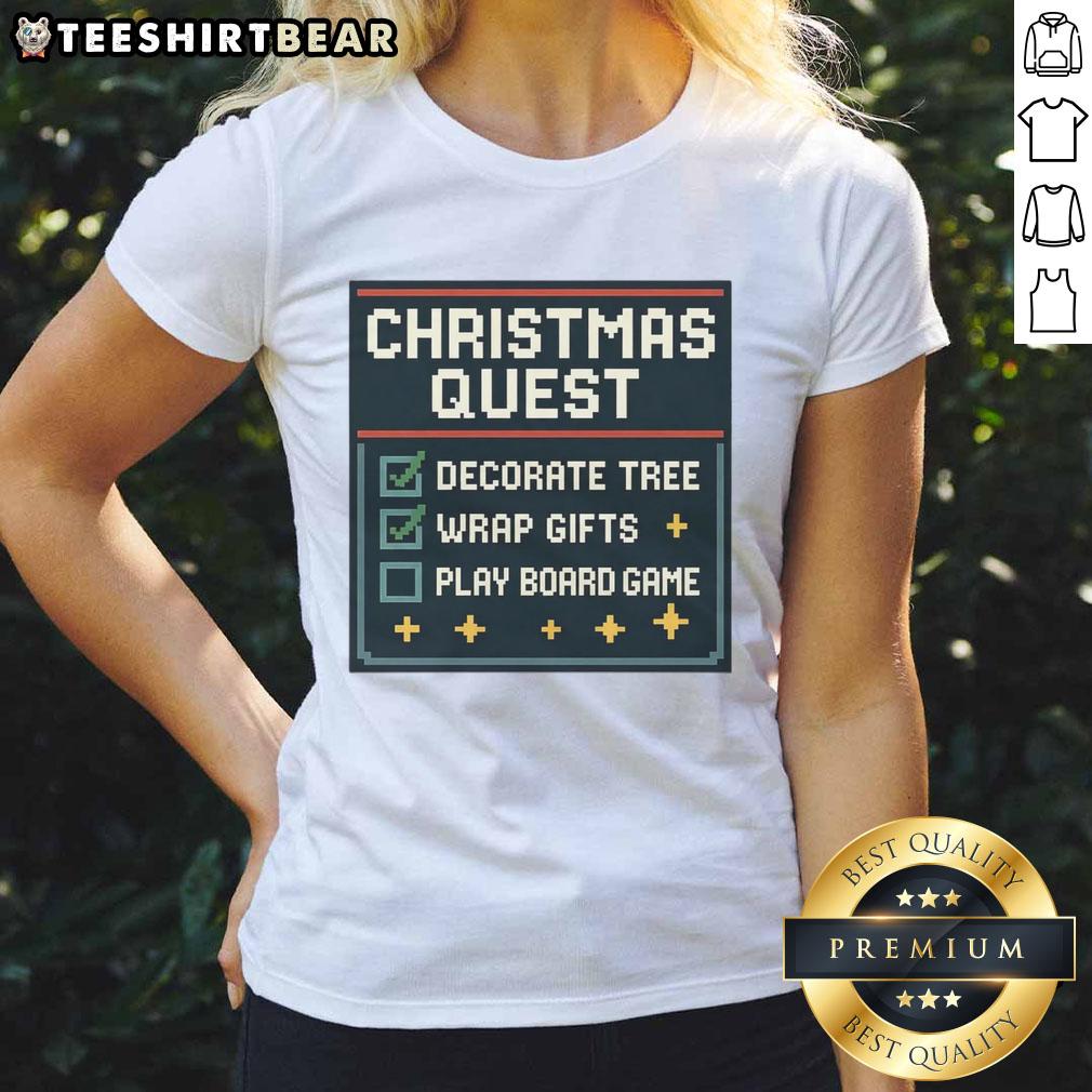 Awesome Christmas Quest Decorate Tree Warp Gifts Play Board Game Ladies Tee Alt Text: Ladies enjoying the Awesome Christmas Quest, decorating a tree and playing a board game with festive gifts around.