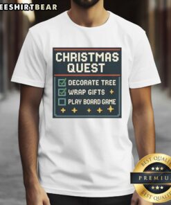 Awesome Christmas Quest t-shirt featuring a decorated tree, gifts, and a fun board game theme for festive celebrations.