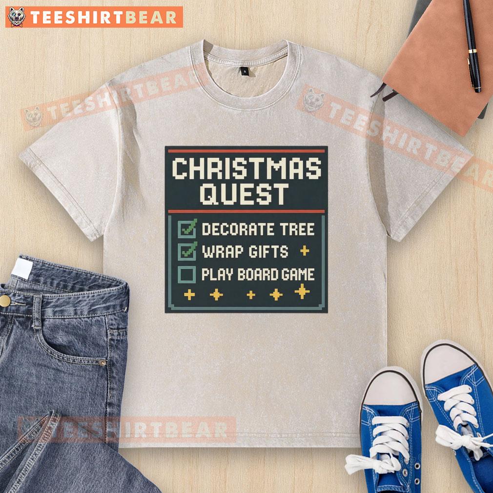 Awesome Christmas Quest Decorate Tree Warp Gifts Play Board Game Washed T Shirt Awesome Christmas Quest t-shirt featuring a festive tree, gifts, and a board game design for holiday fun.