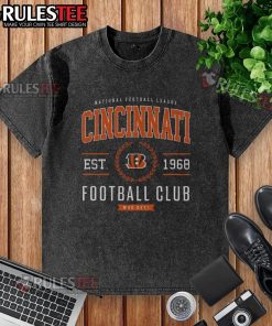Alt Text: Awesome Cincinnati Bengals Football Club washed t-shirt featuring team colors and logo, perfect for fans.