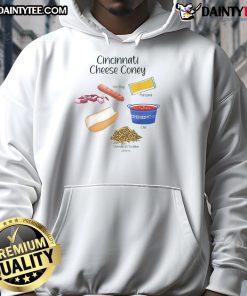 Alt Text: Delicious Cincinnati Cheese Coney hot dog ingredients displayed on a wooden table, perfect for foodies in a cozy hoodie.