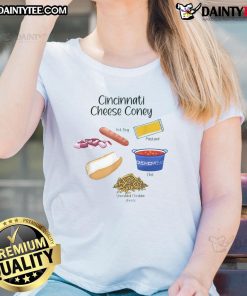 Ingredients for Awesome Cincinnati Cheese Coney Hot Dog featuring cheese, onions, and chili in a foodie ladies tee.