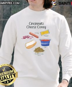 Alt Text: Delicious Cincinnati cheese coney hot dog ingredients displayed on a foodie sweatshirt for culinary enthusiasts.