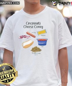 Alt Text: Awesome Cincinnati Cheese Coney Hot Dog Ingredients graphic on a trendy foodie t-shirt, perfect for food lovers.