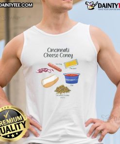 Colorful ingredients for Awesome Cincinnati Cheese Coney hot dog displayed on a foodie tank top background.