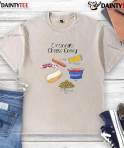 Ingredients for Awesome Cincinnati Cheese Coney hot dog on a foodie-themed washed t-shirt, showcasing delicious flavors.