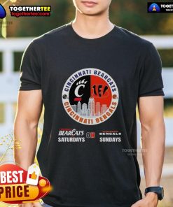 Awesome Cincinnati Sports Bearcats Saturdays On Bengals Sundays Skyline T-Shirt featuring vibrant team logos and city skyline.