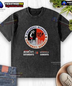 Alt Text: Awesome Cincinnati Sports Bearcats Saturdays Bengals Sundays Skyline washed T-shirt in vibrant colors.