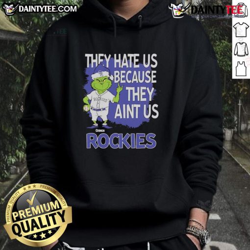Awesome Colorado Rockies Grinch Christmas hoodie featuring 'They Hate Us Ain't Us' design, perfect for festive fans.