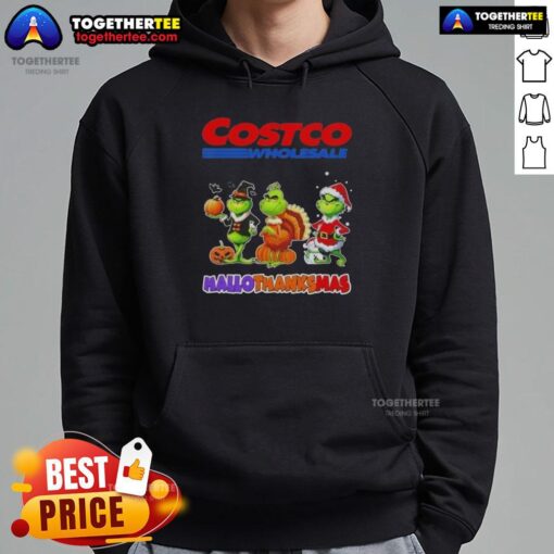 Awesome Costco Wholesale X Grinch cosplay hoodie for Happy HalloThanksMas featuring vibrant colors and festive design.