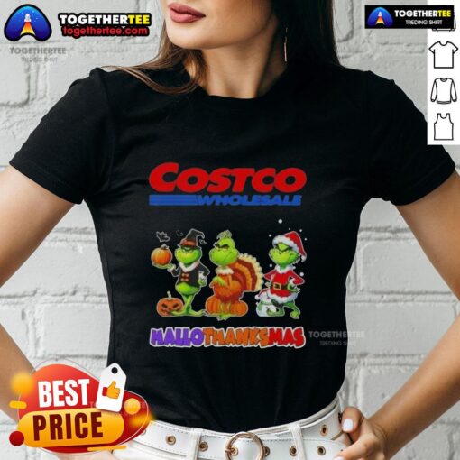 Happy HalloThanksMas ladies tee featuring X Grinch cosplay design from Costco Wholesale, perfect for festive celebrations.