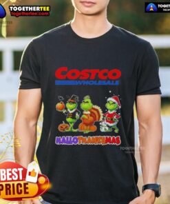 Alt Text: Awesome Costco Wholesale X Grinch Cosplay Happy Hallothanksmas T-Shirt featuring festive design and vibrant colors.
