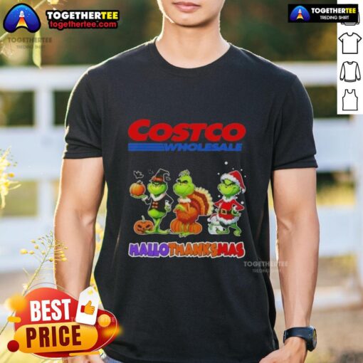Alt Text: Awesome Costco Wholesale X Grinch Cosplay Happy Hallothanksmas T-Shirt featuring festive design and vibrant colors.