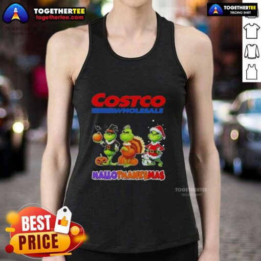 Awesome Costco Wholesale X Grinch cosplay tank top for Happy HalloThanksMas celebration, featuring festive colors and design.