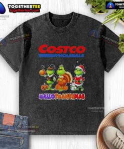 Awesome Costco Wholesale X Grinch Cosplay Happy HalloThanksMas washed t-shirt featuring vibrant Grinch design.